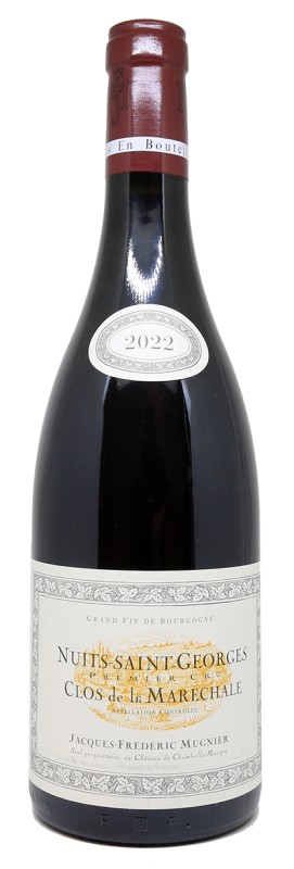 Bouteille de vin Domaine Jacques Frédéric Mugnier Nuits Saint Georges 1er Cru Clos de la Maréchale 2022, étiquette élégante, vin rouge Bourgogne