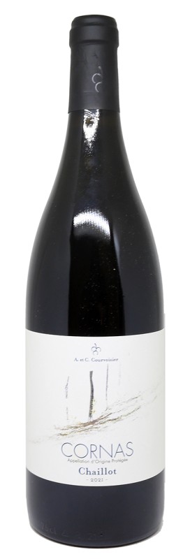 bouteille Cornas 2021, Domaine Cyril Courvoisier, vigne en coteaux, terroir granitique, élevage en barrique, Syrah bio, paysage Rhône nord, flacon élégant, vin nature, cuvée Chaillot, étiquette sobre, vin rouge de garde