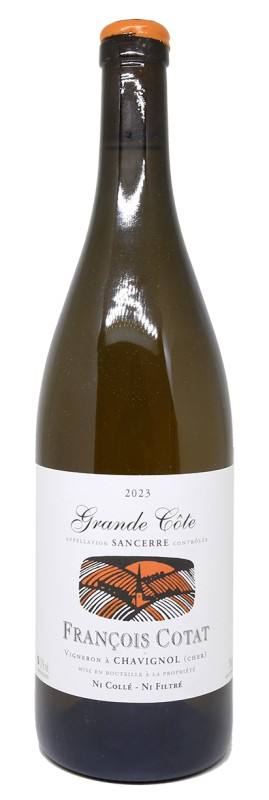 bouteille Sancerre blanc 2023, Domaine François Cotat, La Grande Côte, Sauvignon Blanc, terroir terres blanches, vignoble Loire, vin nature, élevage en foudres, étiquette élégante, mise en bouteille artisanale, cuvée biodynamique
