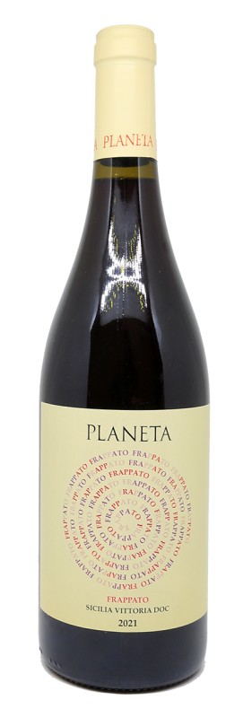 bouteille Planeta Frappato, étiquette rouge élégante, vin rouge sicilien, DOC Vittoria, vin italien