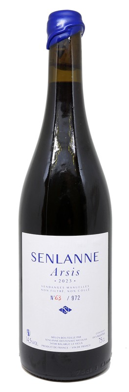 bouteille arsis 2023, domaine senlanne, grenache noir, vin rouge naturel, vignoble altitude, sols limoneux schisteux, vin artisanal, élevage barrique, vin biodynamique, bouchage cire manuelle, étiquette minimaliste