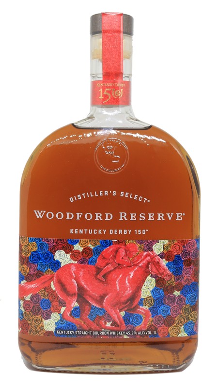 bouteille Woodford Reserve Derby 150, étiquette spéciale édition 2024, œuvre de Wylie Caudill, fond de roses, cheval de course, roses rouges, bouteille commémorative, Kentucky Derby, collection whiskey