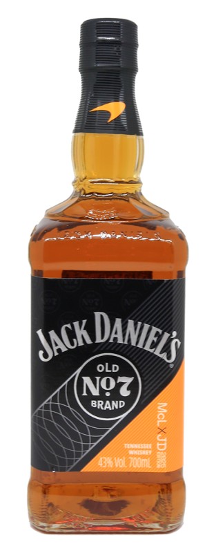 bouteille Jack Daniel’s McLaren F1 Édition 3, étiquette noire et orange, logo McLaren, bouteille édition limitée, fût de chêne, course automobile, Formule 1, collection whiskey