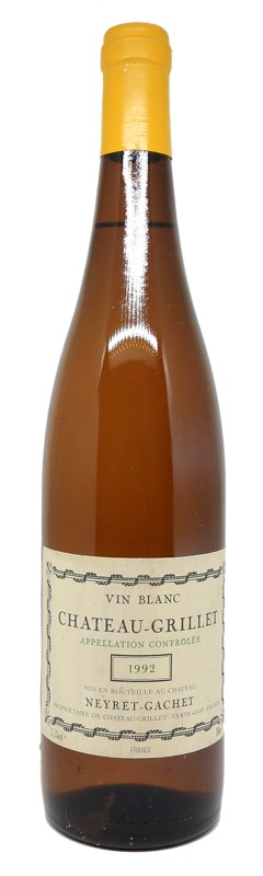 Bouteille de vin blanc, étiquette Château-Grillet 1992, vignoble Rhône, terroir ancien, bouteille de collection, vin mature