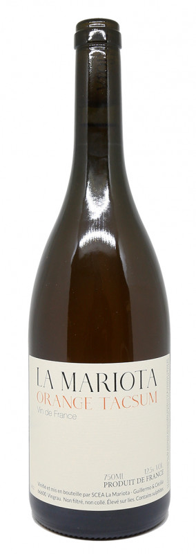 Bouteille La Mariota Orange Tacsum 2022, vin orange Roussillon, Muscat &agrave; Petits Grains, Muscat d&rsquo;Alexandrie, vin nature, domaine bio, mac&eacute;ration longue