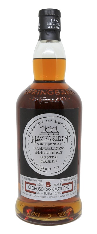 bouteille Hazelburn 8 ans, étiquette Sherry Wood 2025, whisky brut de fût, bouteille de Campbeltown, packaging Springbank, whisky non tourbé, whisky écossais rare, triple distillation