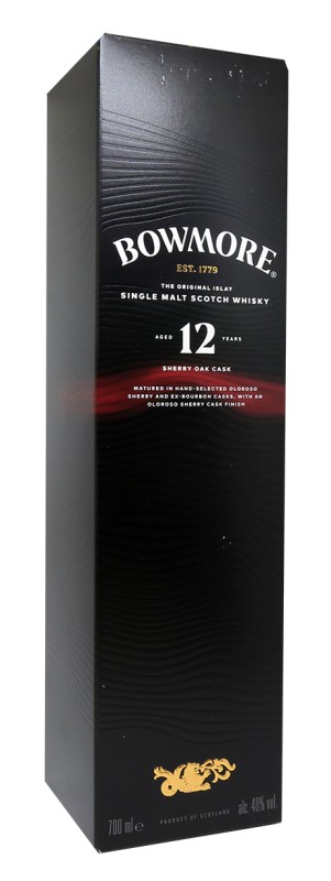 boite Bowmore 12 ans, whisky tourbé Islay, Sherry Cask, boite de whisky Bowmore, single malt écossais