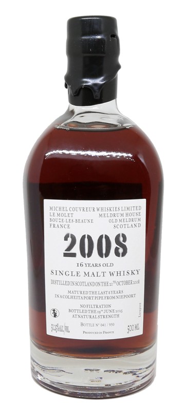 bouteille de whisky Michel Couvreur, étiquette 2008 Single Cask, fût de Porto Niepoort, whisky vieilli 16 ans, whisky en fût de Colheita