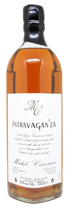 bouteille Michel Couvreur Intravaganza, étiquette L3449, whisky 50%, whisky non tourbé, cave Bouze-lès-Beaune, whisky élevé en fût de Sherry, Moscatel, Oloroso, whisky français, embouteilleur indépendant