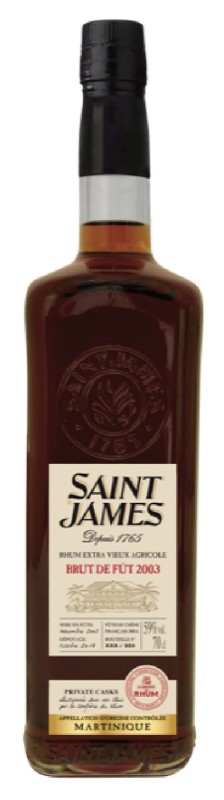 Foto de la botella de Saint James 2003, ron agrícola de Martinica AOC, seleccionado por la hermandad del ron. Es un 59% de barril brut y está limitado a 950 copias en todo el mundo. La frérie du rhum es un famoso grupo de Facebook para todos los amantes del ron de habla francesa.