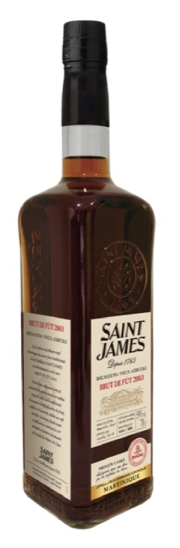 Photo of the bottle of Saint James 2003, agricultural rum from Martinique AOC, selected by the rum brotherhood. It is a 59% cask brut and limited to 950 copies worldwide. La frérie du rhum is a famous Facebook group for all French-speaking rum lovers.